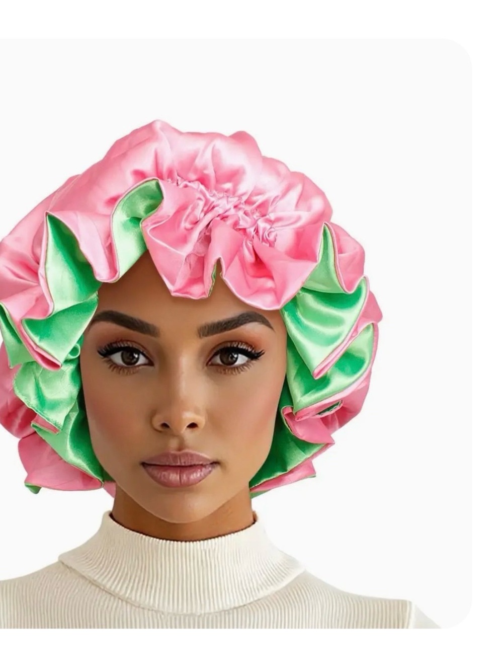 Satin Ruffle Double-Layer Shower Bonnet - Pink &‎ Green